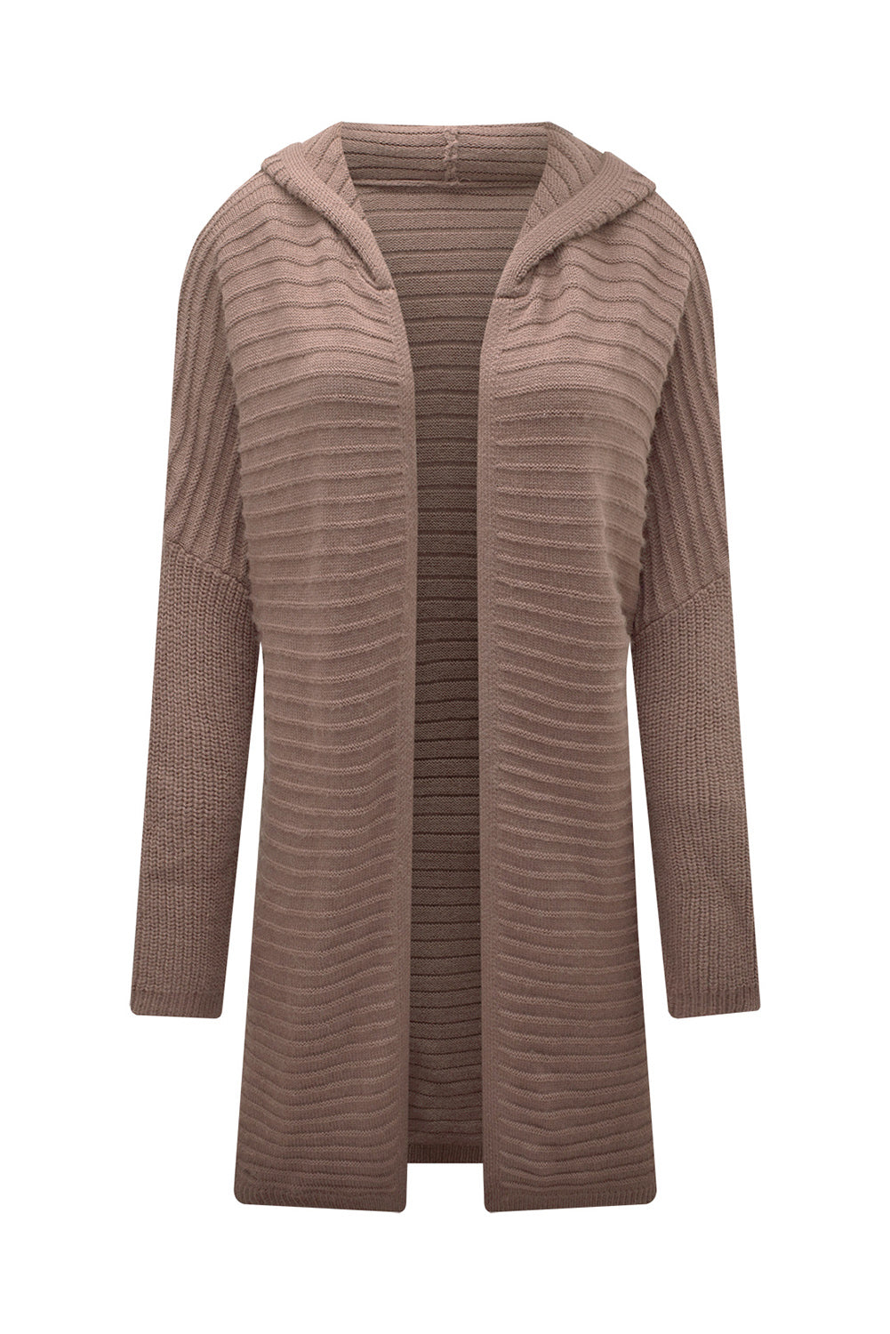 Horizontal Rib Knitted Open Front Hooded Cardigan | Brown