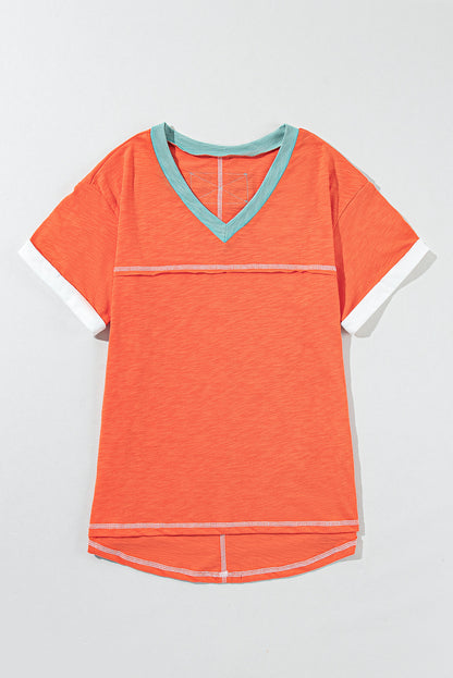 Contrast Trim Exposed Seam V Neck T-Shirt | Grapefruit Orange