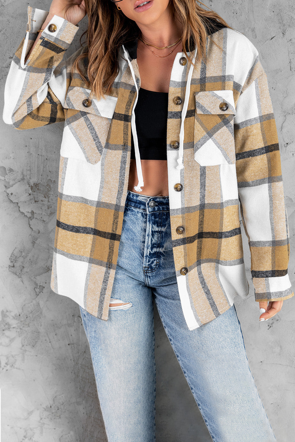 Plaid Button-Up Pocket Hooded Shirt Jacket | White