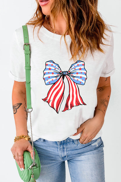 Stripes And Stars Bowknot Print T Shirt | White