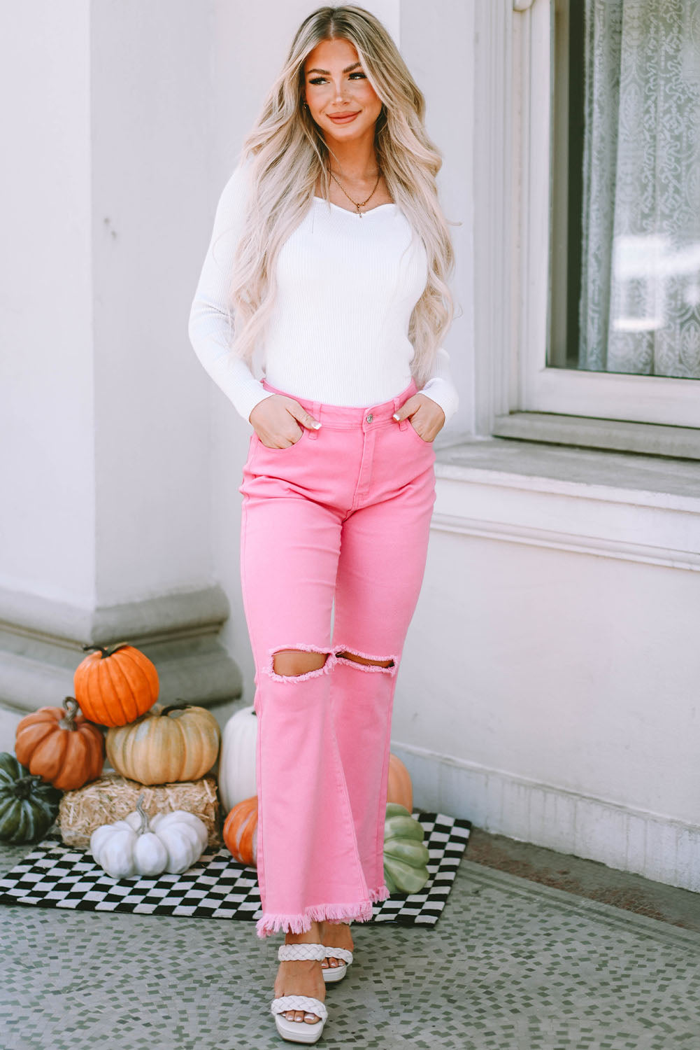 Vintage High Waist Flare Leg Ripped Raw Hem Jeans | Pink