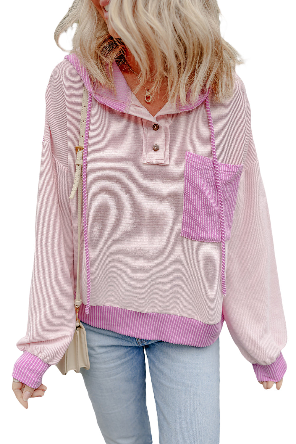 Corded Colourblock Patch Pocket Drawstring Hooded Top | Light Pink