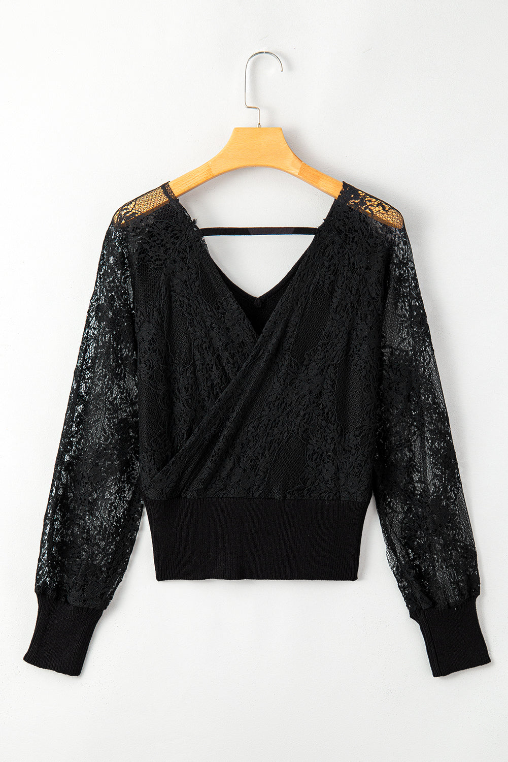 V-Neck Lace Sleeve Pullover Sweater | Black