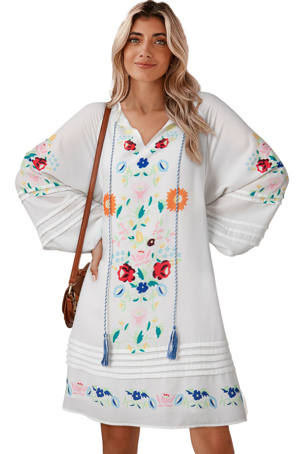 Floral Print Boho Tassel Tie Split Neck Tucking Detail Puff Sleeve Mini Dress | White