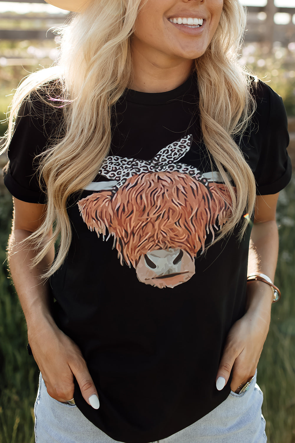 Black Western Cute Cow Head Printed Graphic Tee