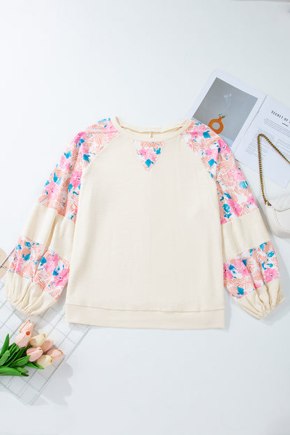 Plus Size Floral Patchwork Ribbed Puff Sleeve Top | Apricot