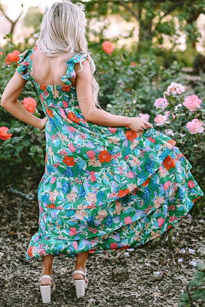 Floral Print Sleeveless Ruffle Tiered Maxi Dress | Green