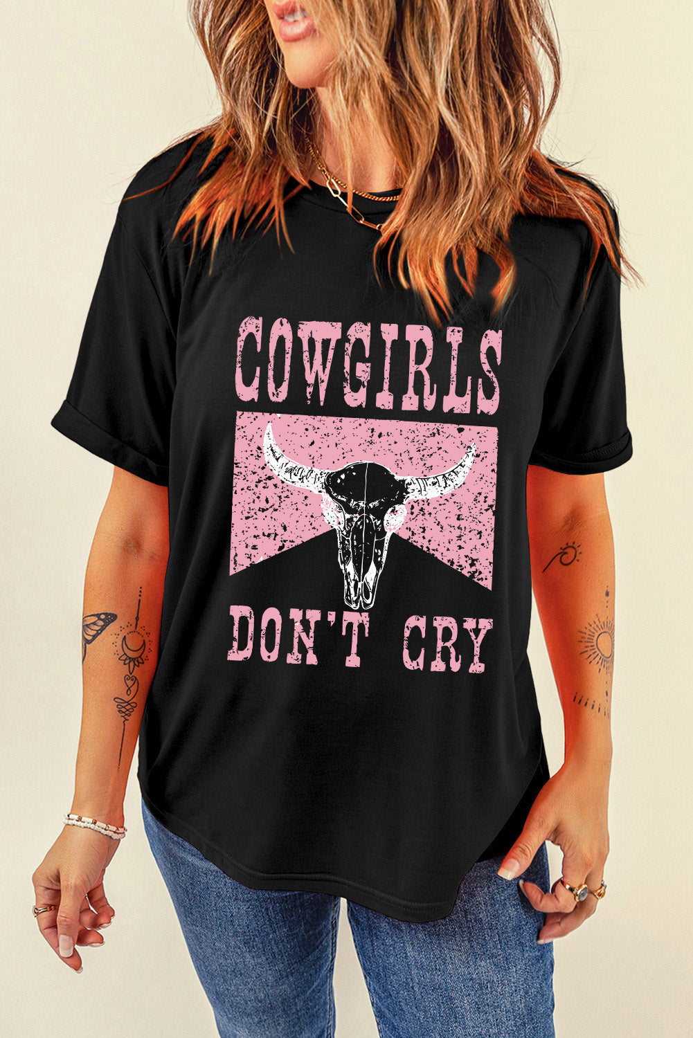 Cowgirl Dont Cry Steer Head Print Short Sleeve Top | Black