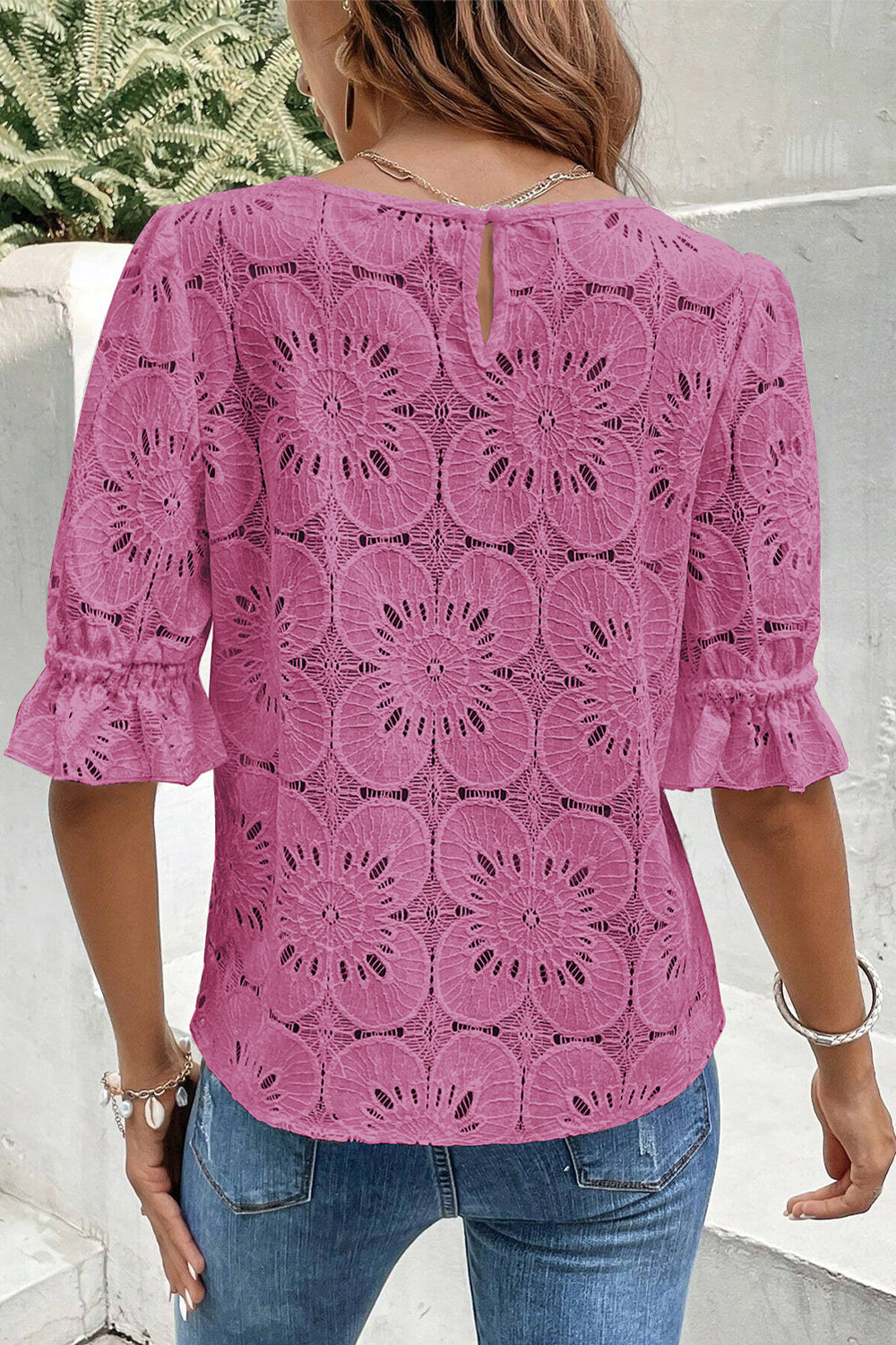 Flower Eyelet Jacquard Keyhole Flounce Sleeve Top | Bright Pink