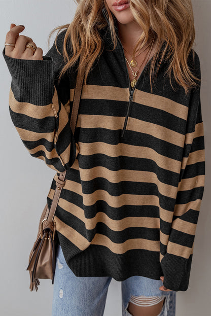 Collared Quarter Zipper Oversized Sweater | Black Stripe