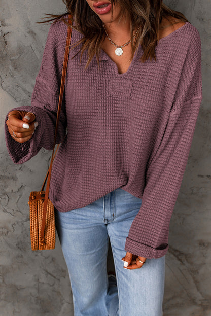 Purple Waffle Knit Loose Long Sleeve Top | purple