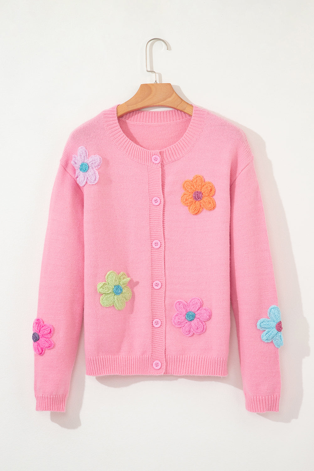 Cute Knitted Floral Pattern Button Up Cardigan | Pink