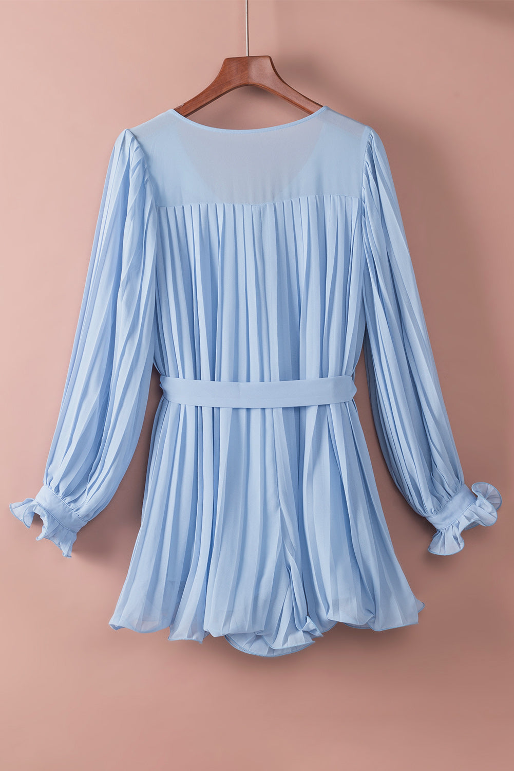 Pleated Ruffled Tie Waist Buttons V Neck Romper | Sky Blue