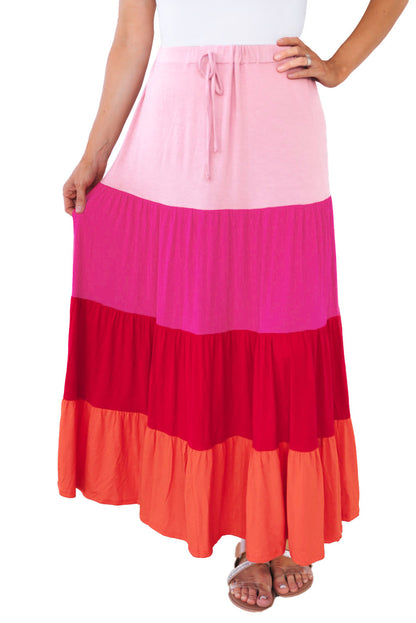 Colour Block Tiered Drawstring High Waist Maxi Skirt | Pink