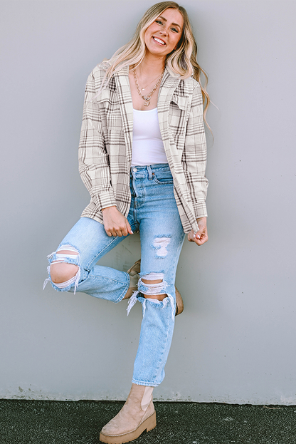 Plaid Removable Hood Buttoned Shacket | Khaki