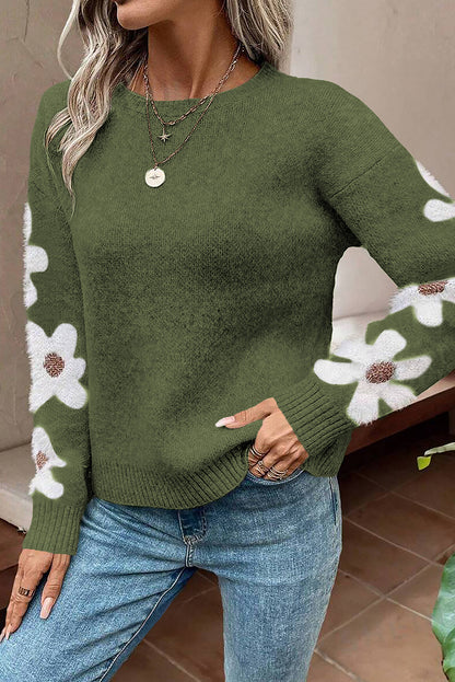 Flower Sleeve Drop Shoulder Sweater | Moss Green