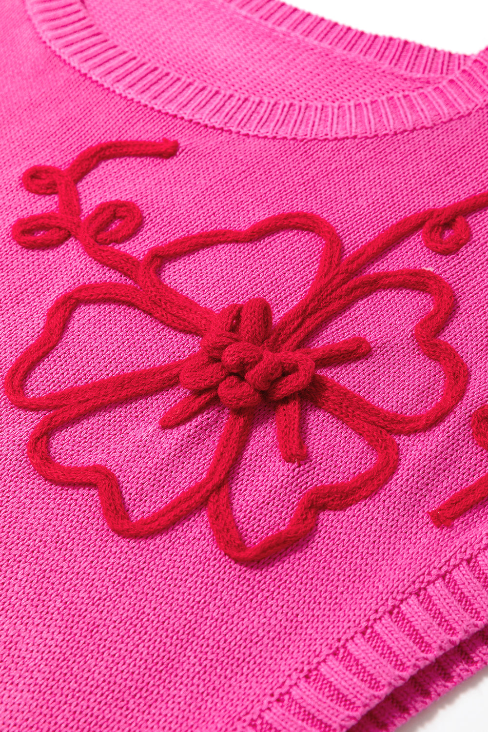 Flower Embroidery Short Sleeve Knitwear Top | Bright Pink