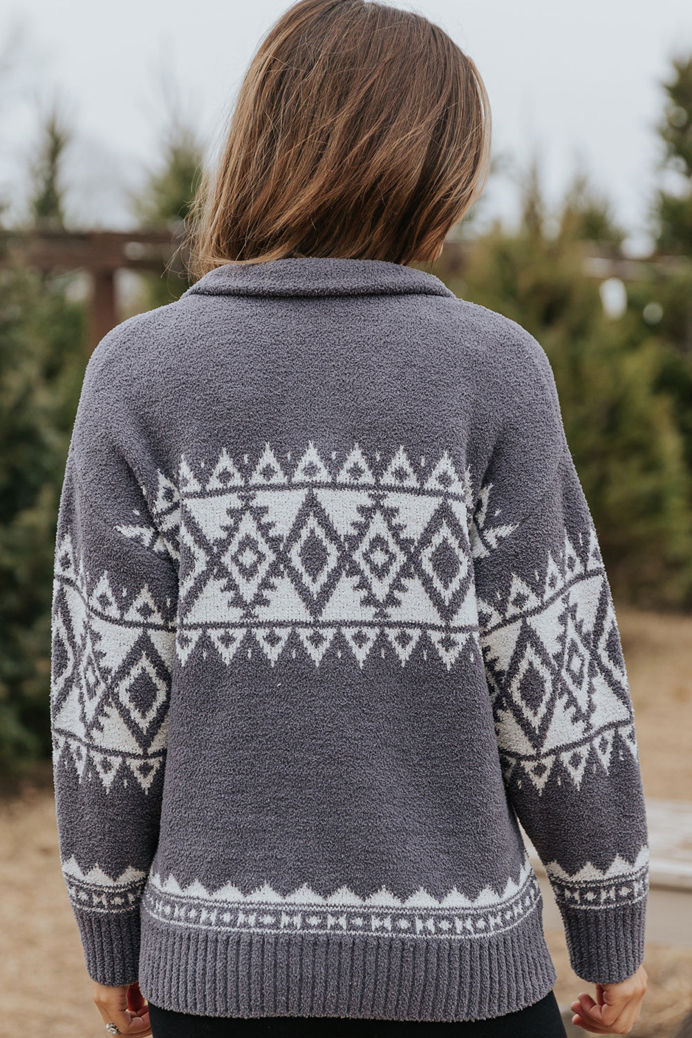 Western Geometric Printed Quarter Zip Pullover Sweater | Gray