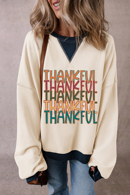 Thankful Graphic Colourblock Edge Oversized Thanksgiving Sweatshirt | White