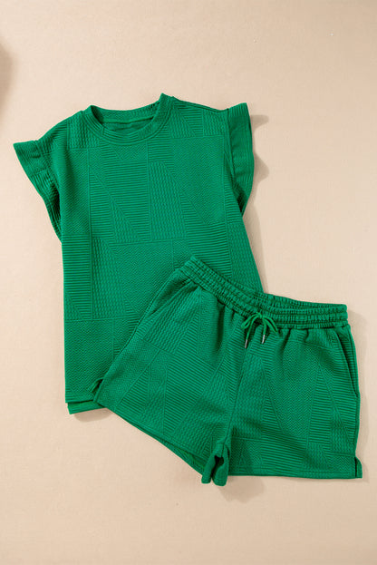 Textured Ruffle Split Top And Drawstring Shorts | Dark Green