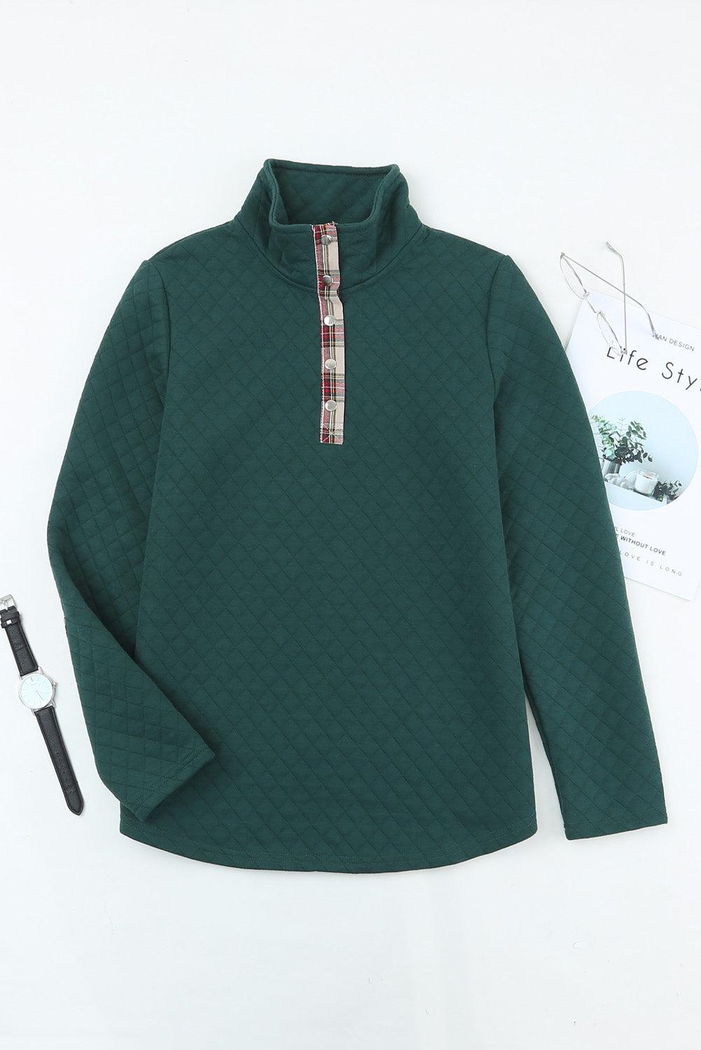 Geometric Texture Plaid Trim Sweatshirt | Green