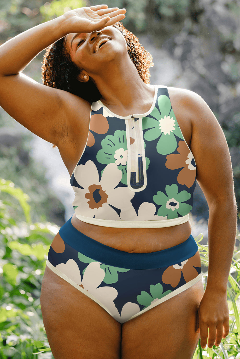 Floral Printed Zipped Plus Size Two Pieces Bikini | Green