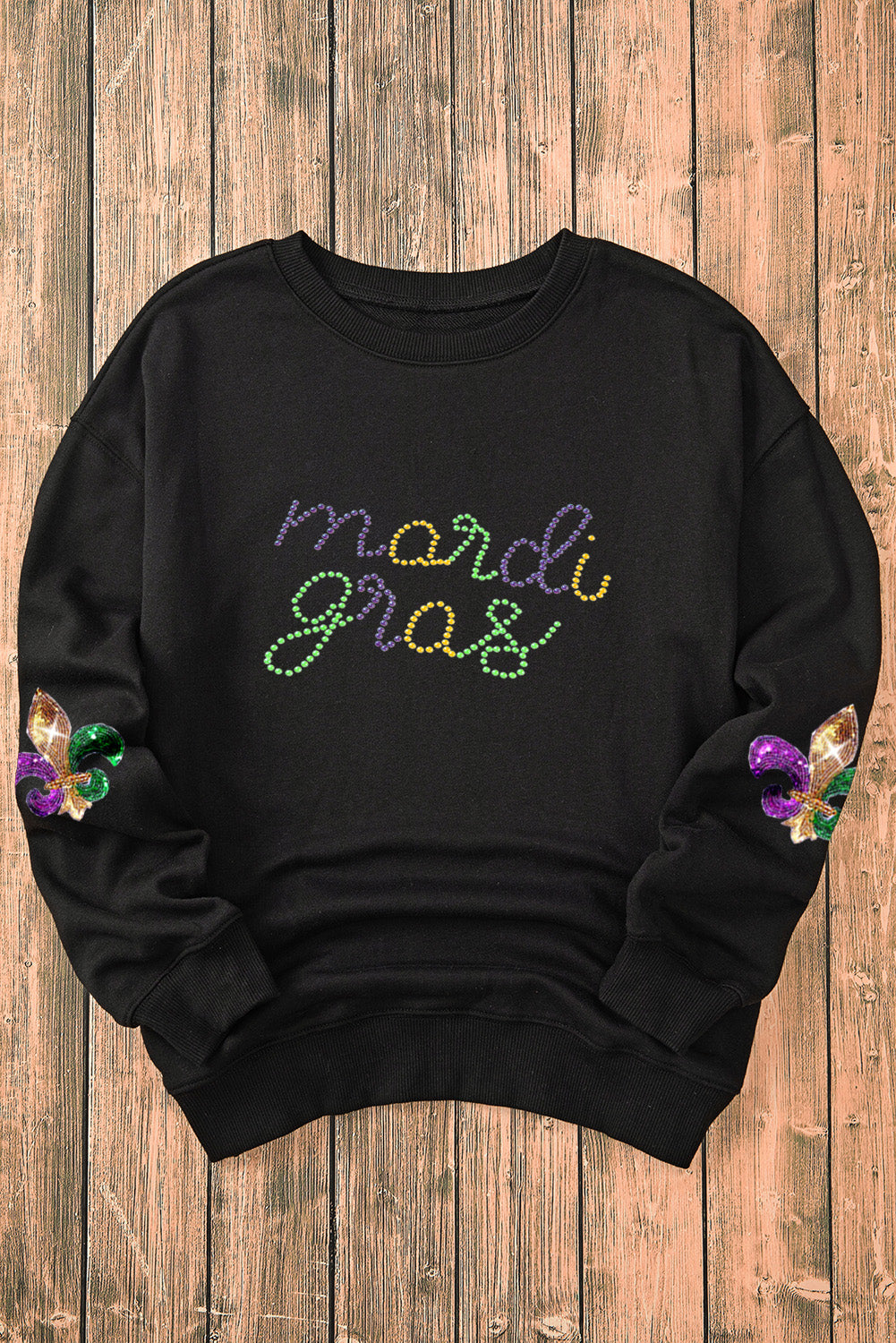 Ceramic Rhinestone Mardi Gras Letter Graphic Sweatshirt | Black