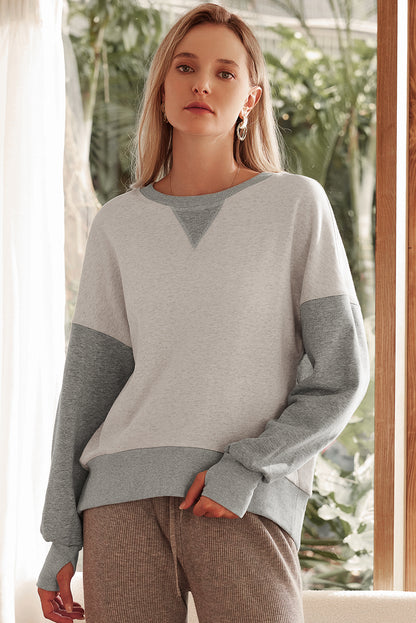 Colour Block Thumbhole Sleeve Drop Shoulder Sweatshirt | Light Grey