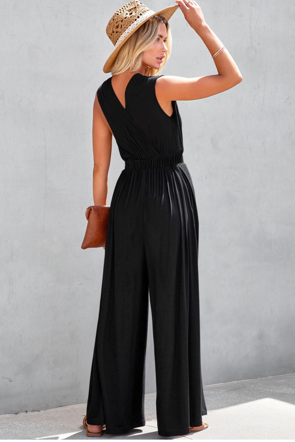 Deep V Pleated Crisscross Wide Leg Backless Jumpsuit | Black