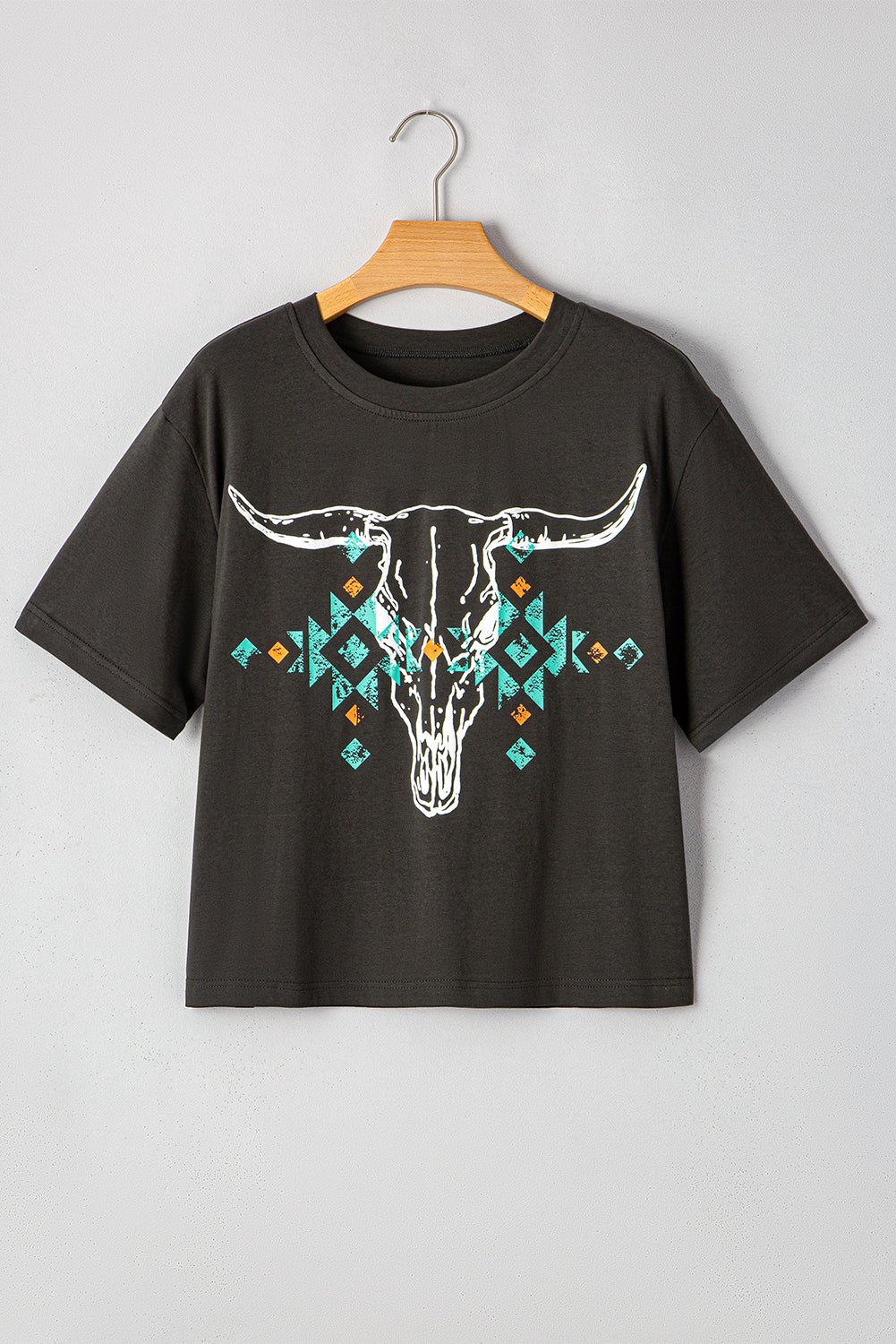 Vintage Western Bull Head Skull Turquoise Aztec Graphic T Shirt | Carbon Grey