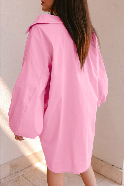 Balloon Sleeve Button Up Mini Shirt Dress | Bright Pink