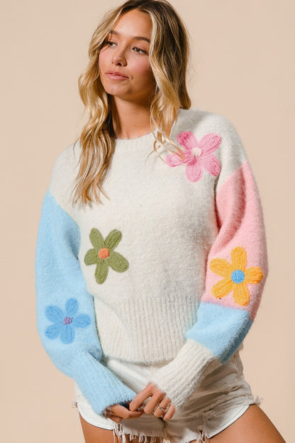 Floral Embroidered Colourblock Fuzzy Drop Shoulder Sweater | Multicolour