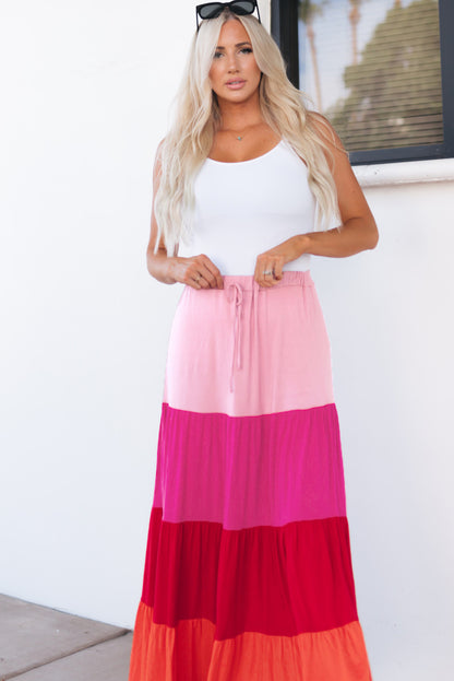 Colour Block Tiered Drawstring High Waist Maxi Skirt | Pink