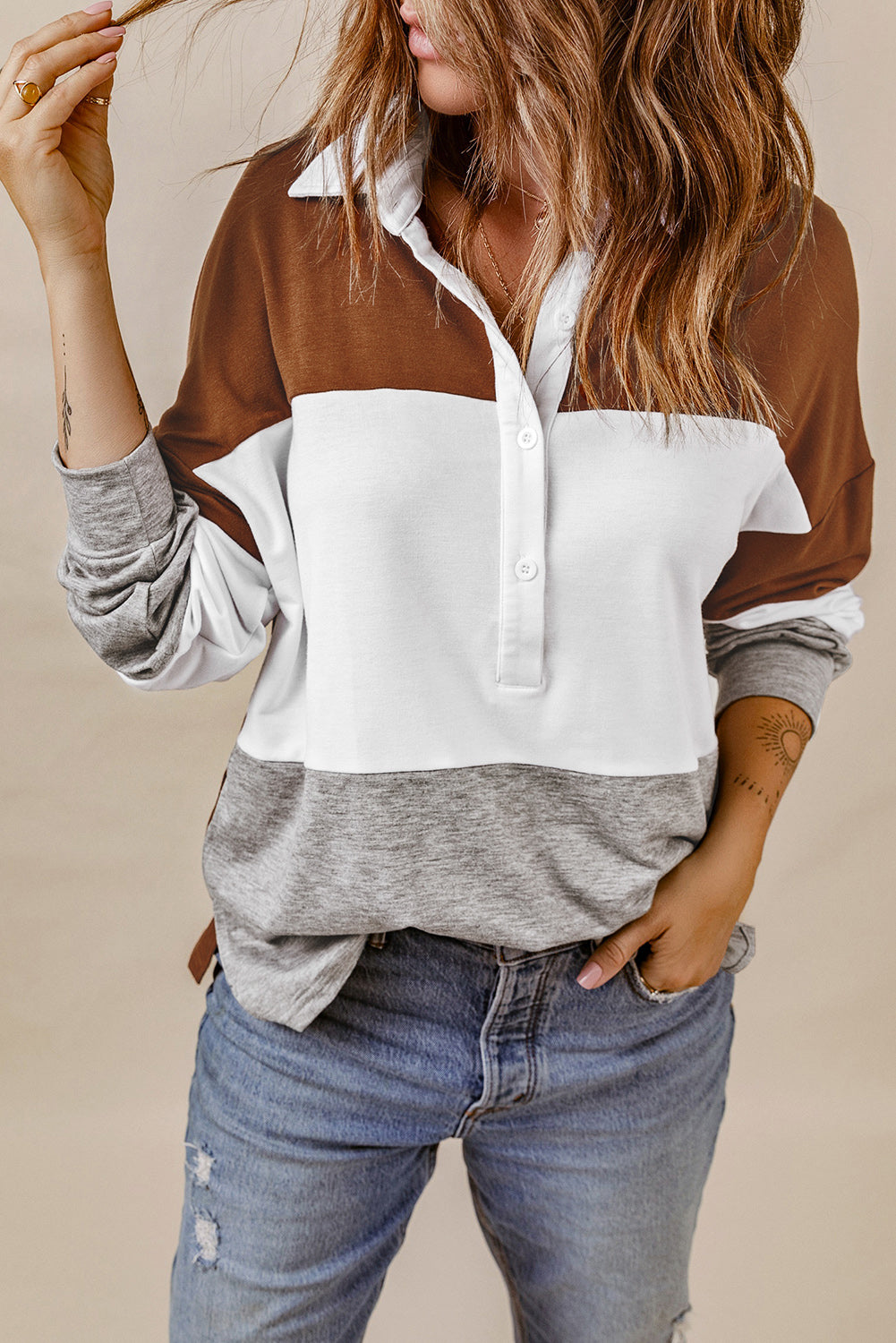 Brown Turn-down Collar Colorblock Pullover Sweatshirt