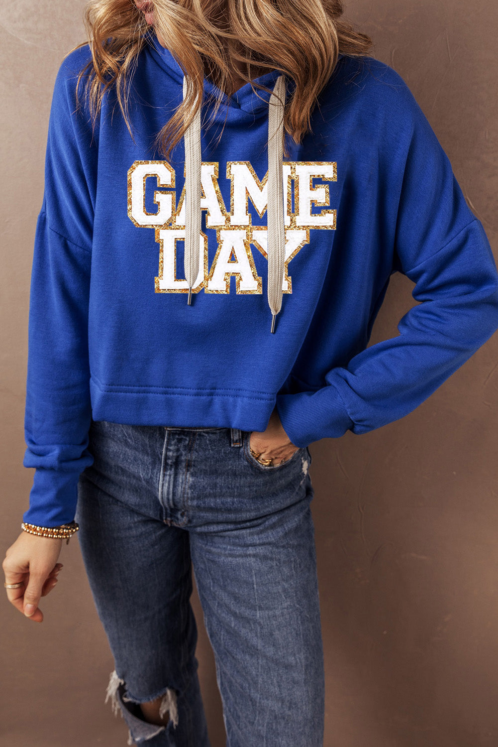 Glittering Game Day Patched Cropped Drawstring Hoodie | Dark Blue