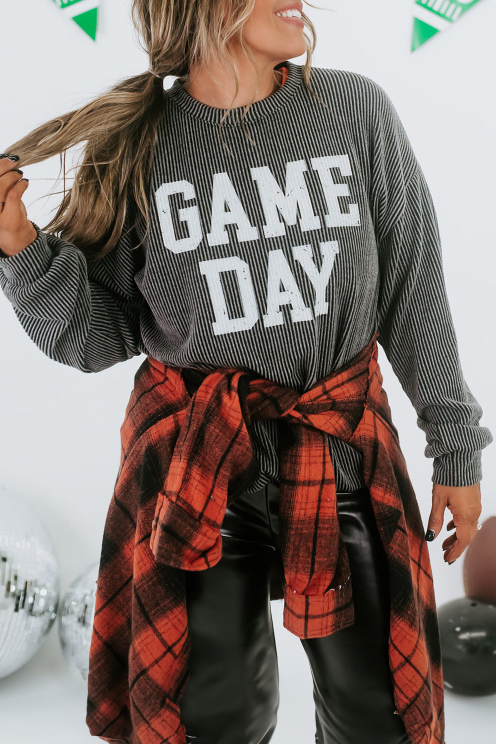 Corded Game Day Graphic Long Sleeve Crewneck Top | Dark Grey