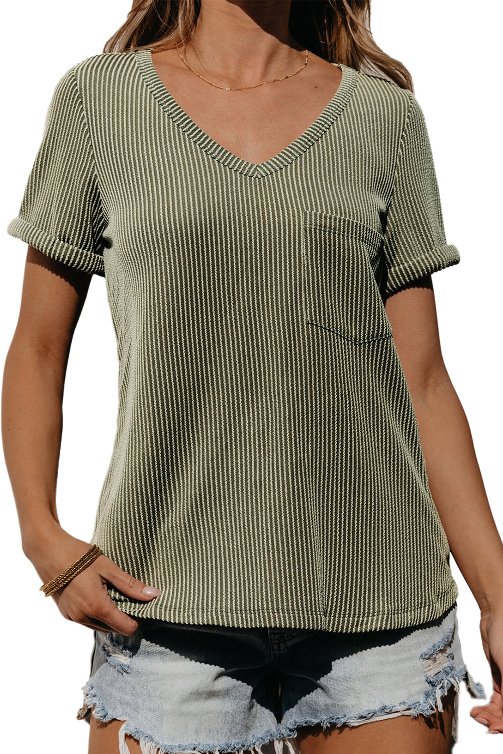 Twist Short Sleeve Corded V Neck Top | Laurel Green