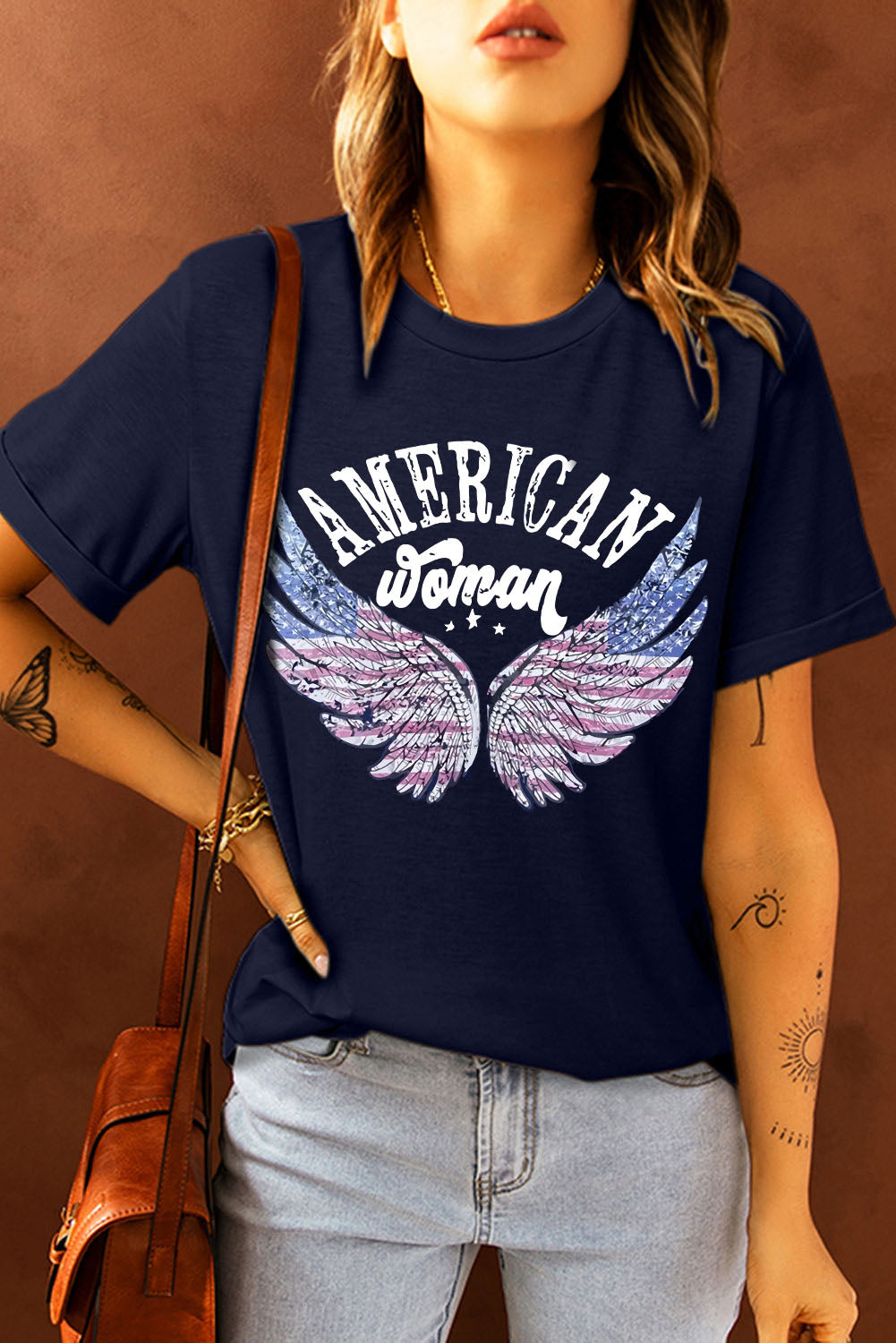 American Woman Flag Eagle Wing Graphic Tee | Blue