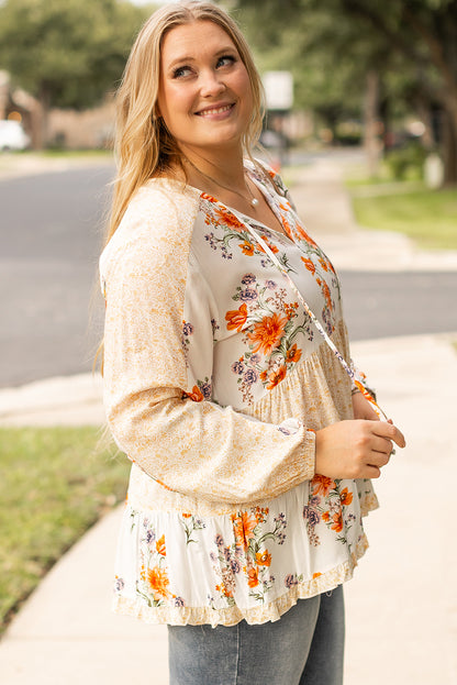 Plus Size Floral Print V Neck Puff Sleeve Blouse | White