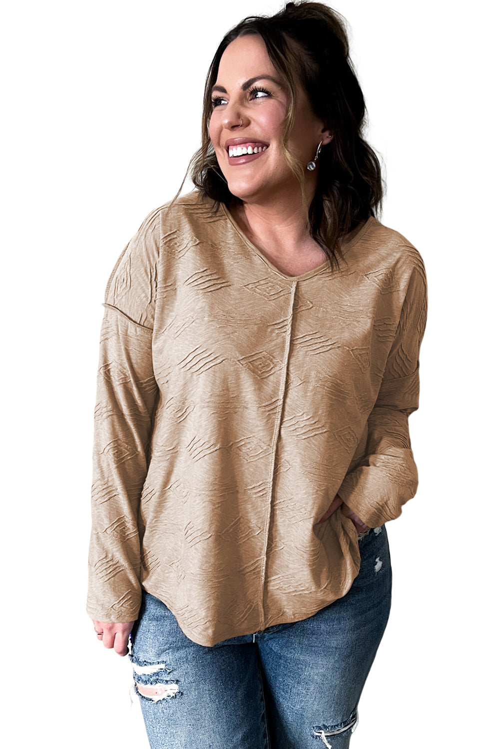 Plus Size Textured Drop Shoulder Exposed Seam Top | Khaki