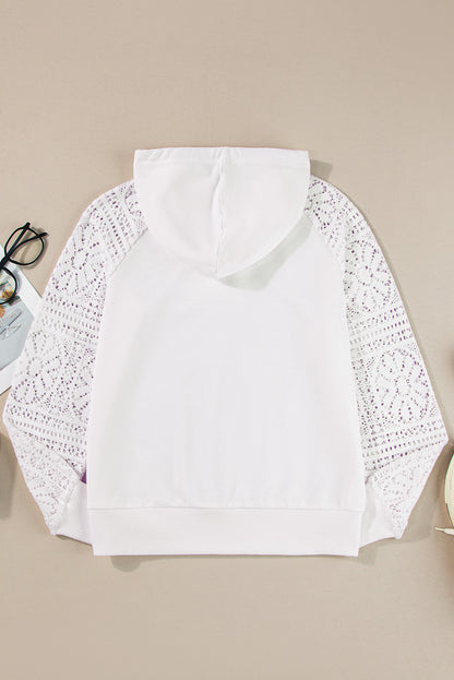 Lace Patchwork Sleeve Drawstring Hoodie | White