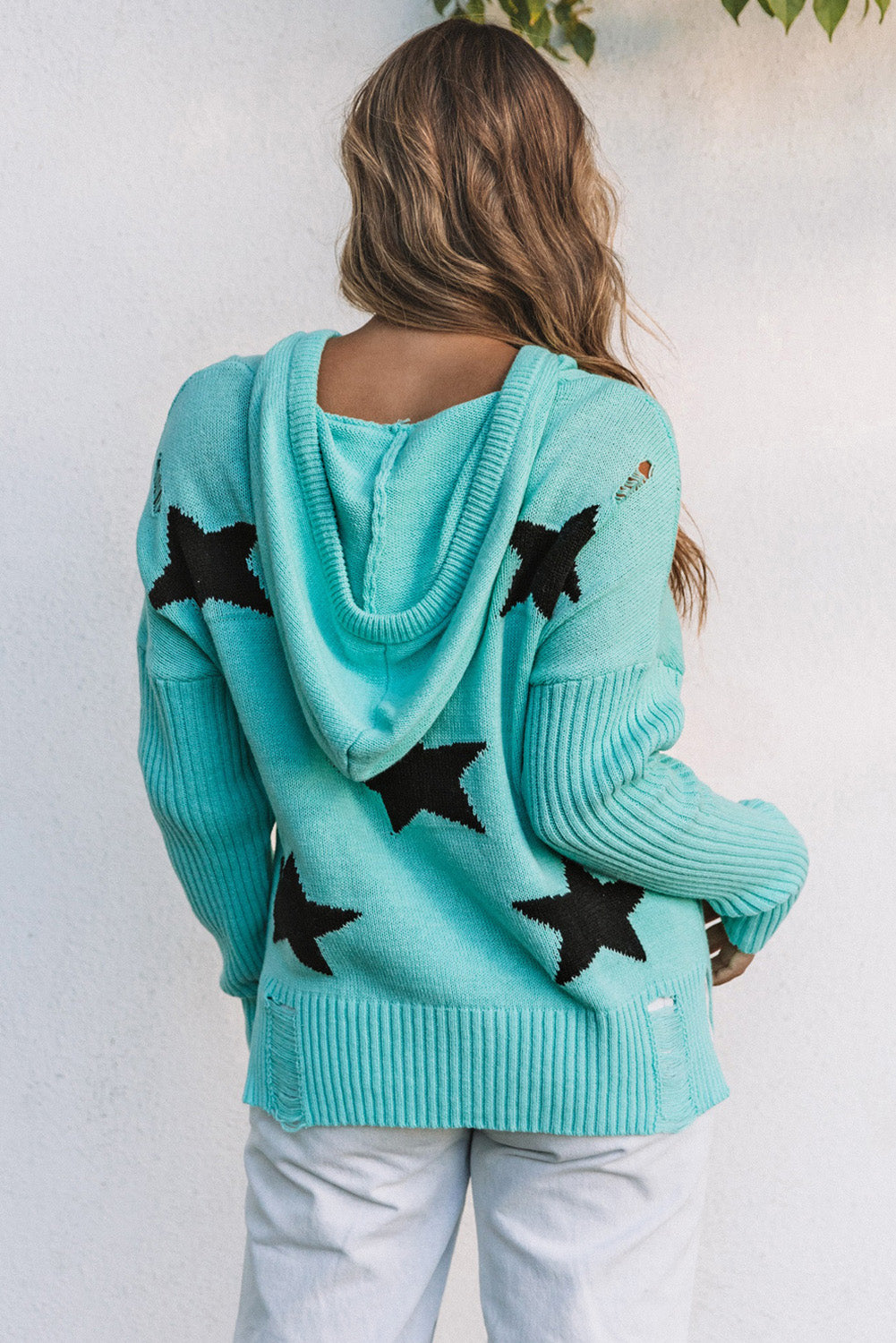 V Neck Star Pattern Hooded Sweater With Slits | Green