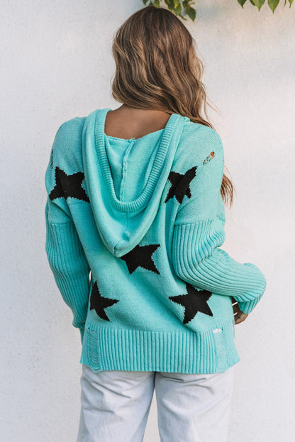 V Neck Star Pattern Hooded Sweater With Slits | Green