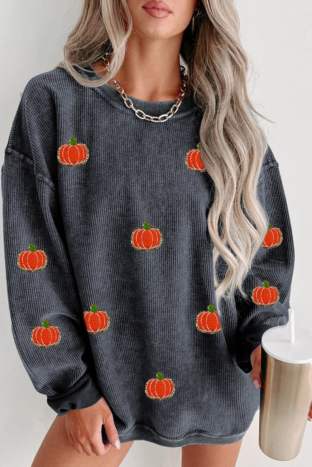 Gray Halloween Pumpkin Graphic Drop Shoulder Ribbed Sweatshirt