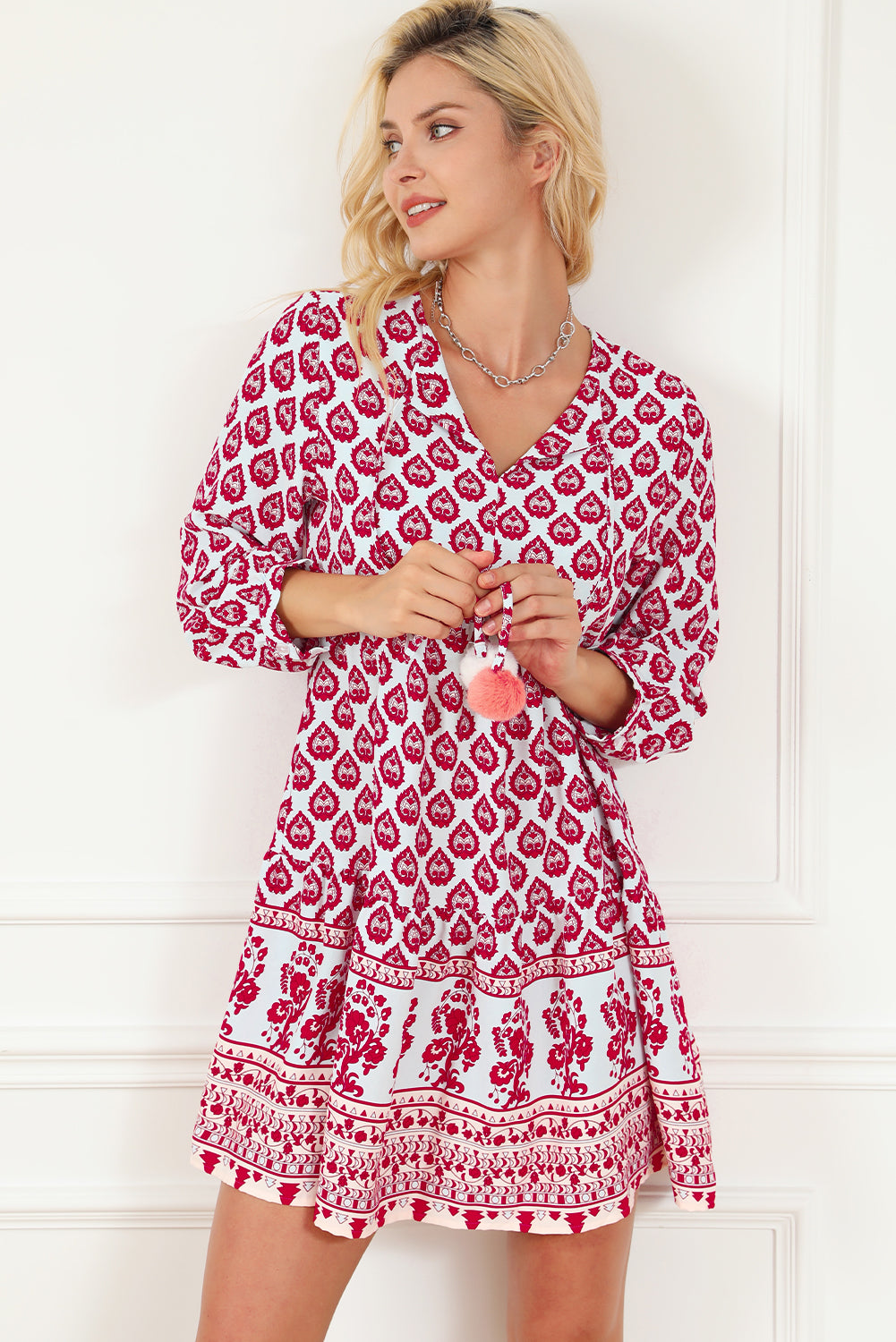 Boho Tassel Tie Split Neck Puff Sleeve Mini Dress | Rose Red