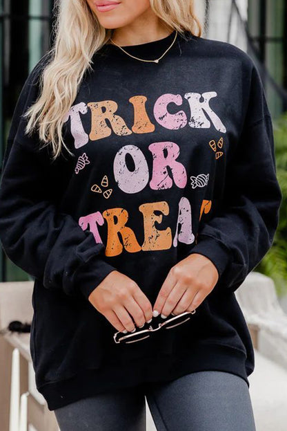 Trick Or Treat Graphic Crewneck Halloween Sweatshirt | Black