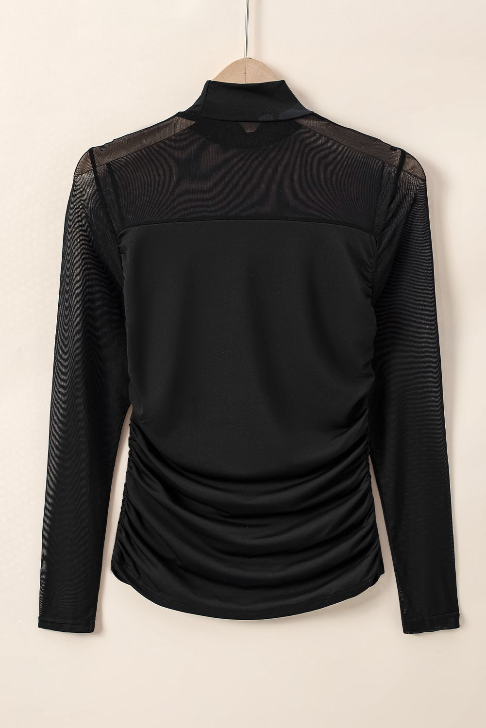 High Neck Ruched Mesh Long Sleeve Top | Black