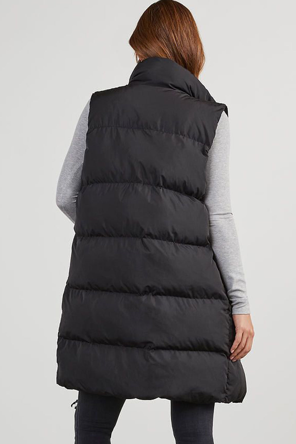 Windproof Longline Full Zipper Puffer Vest With Pockets | Black