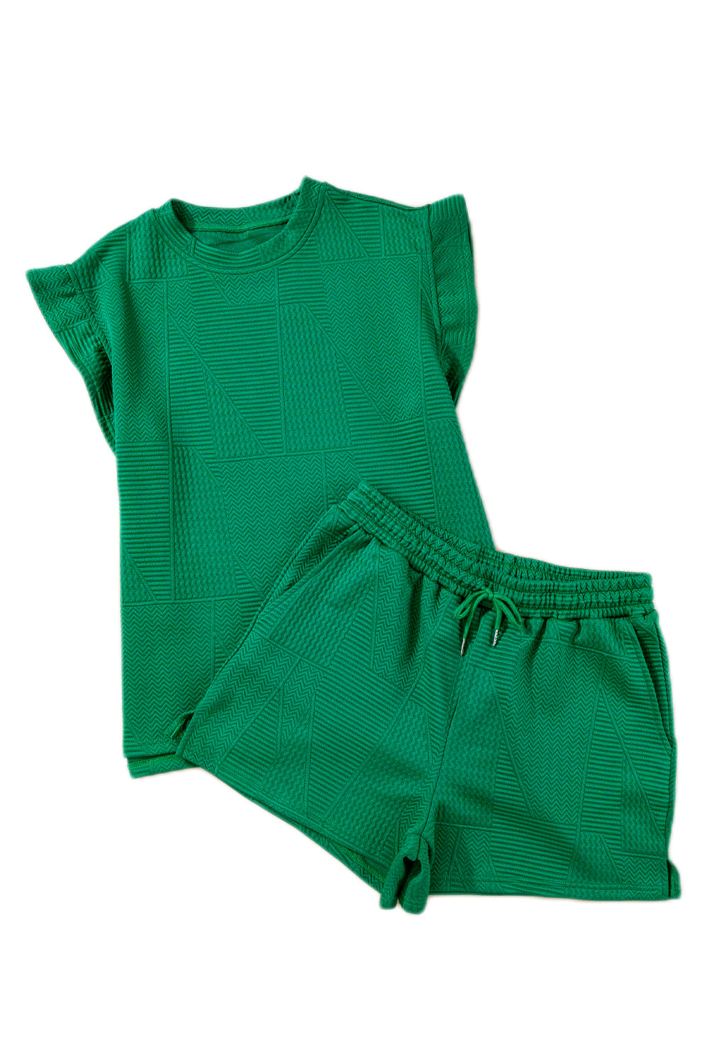 Textured Ruffle Split Top And Drawstring Shorts | Dark Green