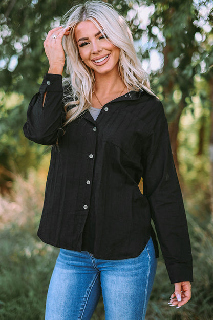 Textured Buttoned Pocket Long Sleeve Shirt | Black